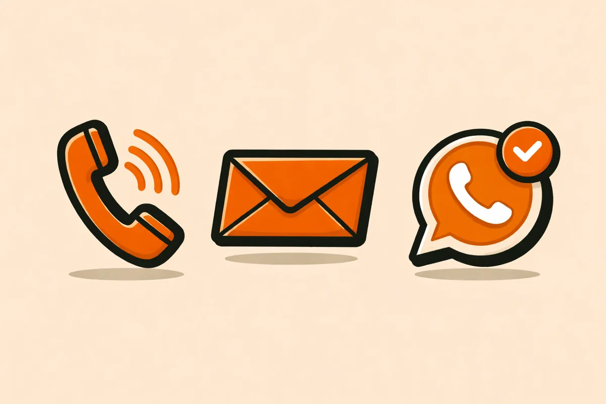 Icons of a phone, an envelope and a chat bubble, for phone, email and messaging