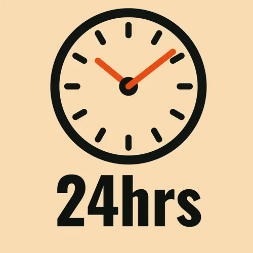 A clock with the words 24 hrs below it
