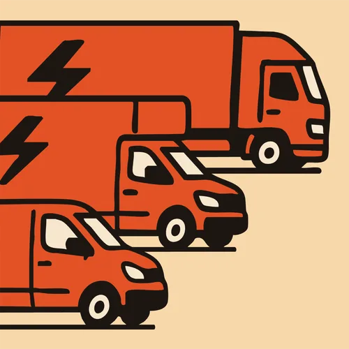 Three orange Super Logistics vans and trucks with lightning bolt livery